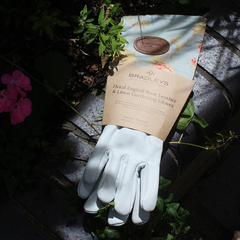 Blue Floral English Leather & Linen Gardening Gloves – Small