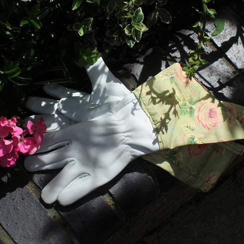 Green Floral English Leather & Linen Gardening Gloves – Small