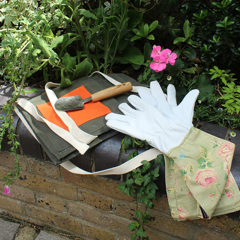 Green Floral English Leather & Linen Gardening Gloves – Small