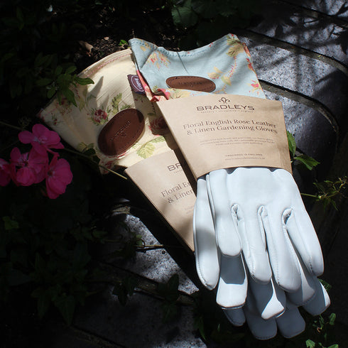Pink Floral English Leather & Linen Gardening Gloves – Small