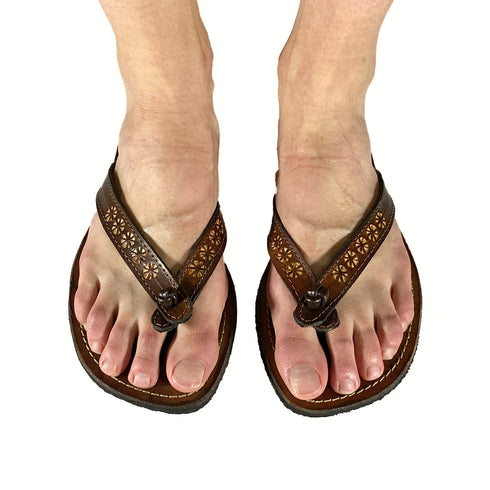 Leather Flip Flops with Flower Design