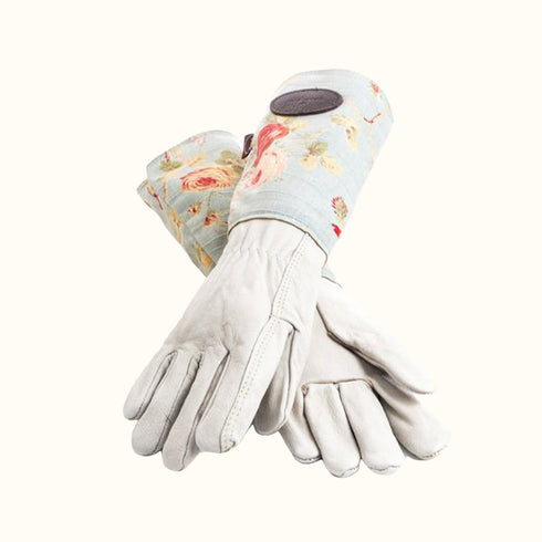 Blue Floral English Leather & Linen Gardening Gloves – Small