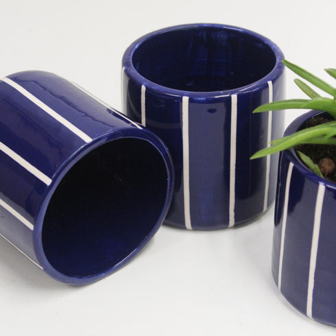 Mini Cobalt Blue Stripe Handmade Ceramic Plant Pot 8cm