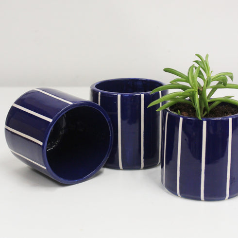 Mini Cobalt Blue Stripe Handmade Ceramic Plant Pot 8cm