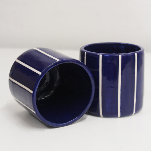 Mini Cobalt Blue Stripe Handmade Ceramic Plant Pot 8cm