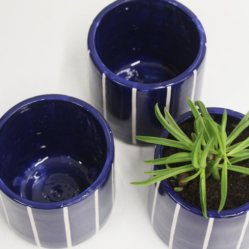 Mini Cobalt Blue Stripe Handmade Ceramic Plant Pot 8cm