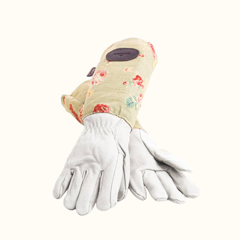 Green Floral English Leather & Linen Gardening Gloves – Small