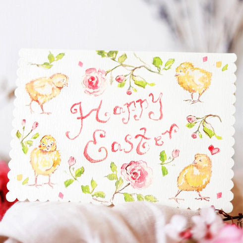 Yellow Chicks Happy Easter Scalloped Edge Greetings Card