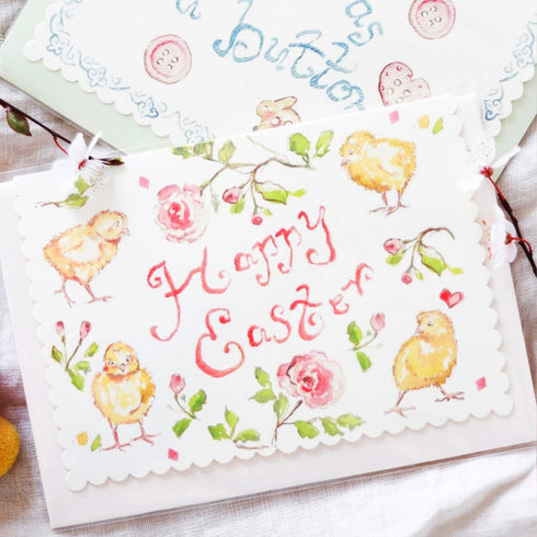 Yellow Chicks Happy Easter Scalloped Edge Greetings Card