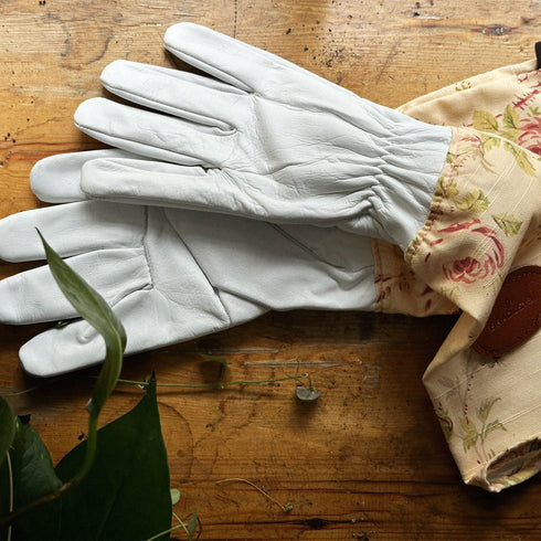 Pink Floral English Leather & Linen Gardening Gloves – Small