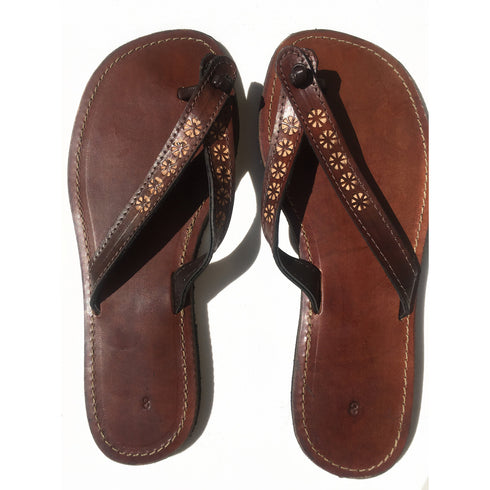 Leather Flip Flops with Flower Design