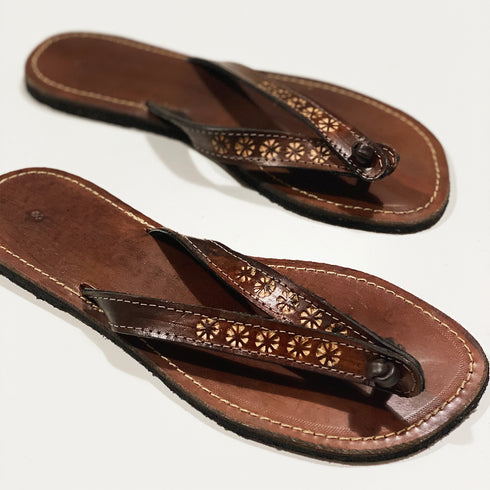 Leather Flip Flops with Flower Design