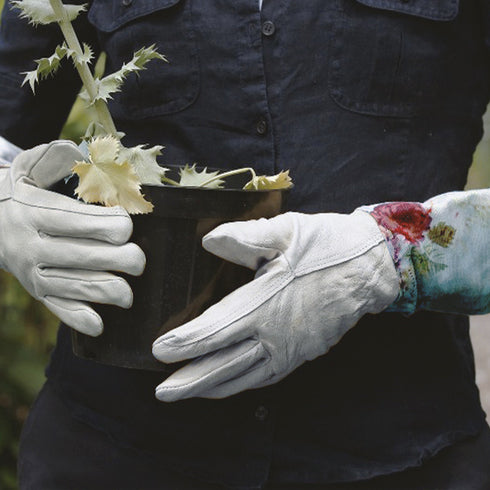 Blue Floral English Leather & Linen Gardening Gloves – Small